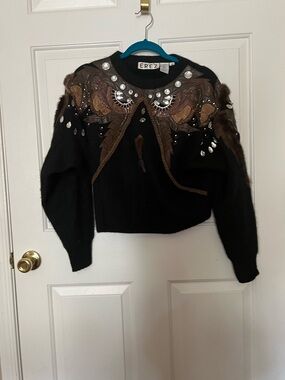 RETRO VINTAGE Erez Black Embellished Rhinestone and Feather-Accent Sweater